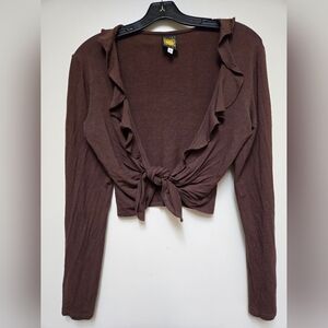 Vintage Brown Ruffled Tie-Front Shrug